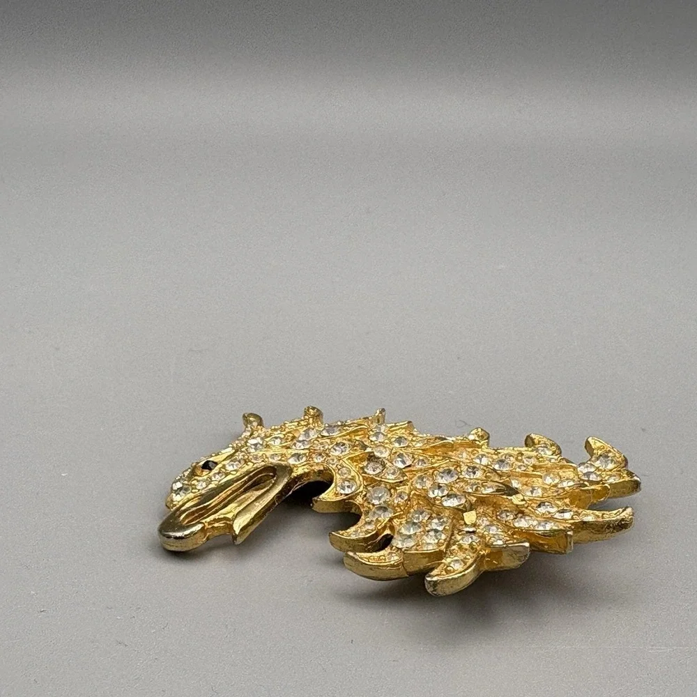 RARE Cadoro Brooch Griffin Winged Lion Rhinestone Heraldic 24K Gold Plate